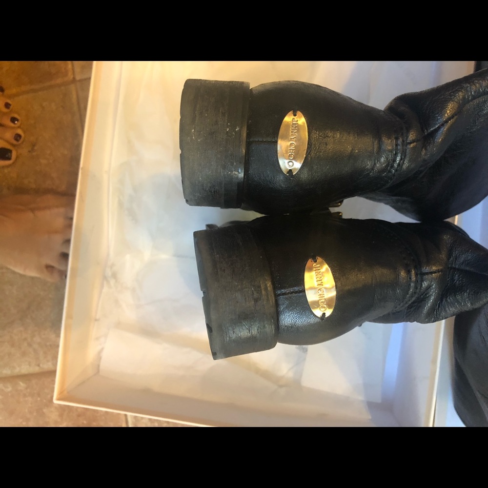 Jimmy Choo Black Leather Combat Boots with Gold Plaque